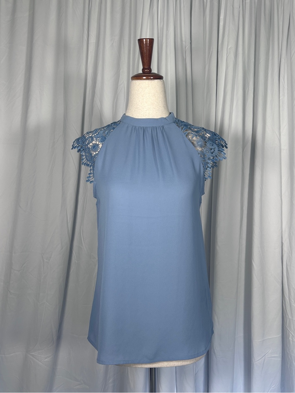 EXPRESS Dusty Blue Mock Neck Blouse with Cutout Lace Cap Sleeves